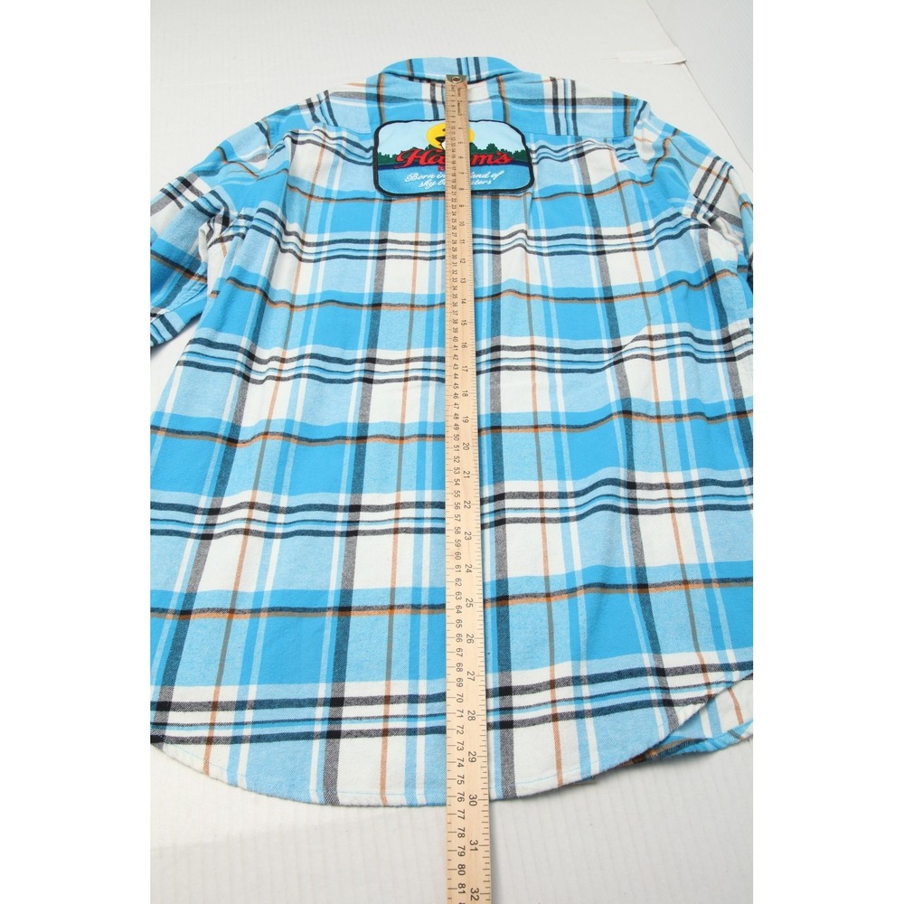 Angry Minnow Flannel Co Hamm's Beer Shirt Mens Large Blue Plaid Cotton Flannel - Picture 10 of 12